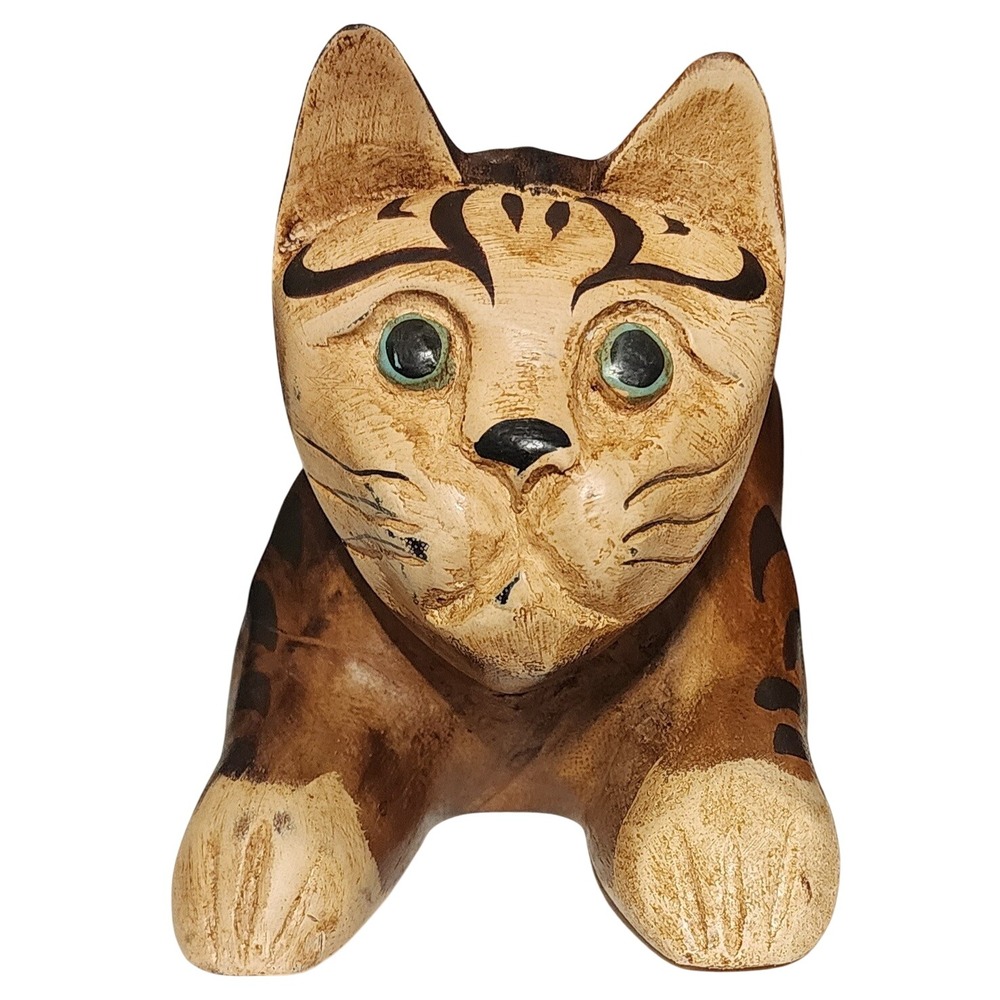 VTG Wooden Folk Art Cat Figurine Statue Hand Carved Striped Accent Decor